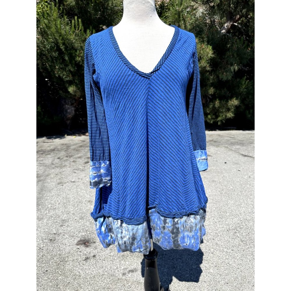 Plenty by Tracy Reese Dress Women Small Blue Stripe V-Neck Long Sleeve Trim Silk